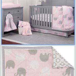 Elephant Print Pink and Gray Crib Set